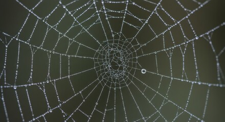 Obraz premium Close-up of a dew-covered spider web glistening in morning light, nature's artistry