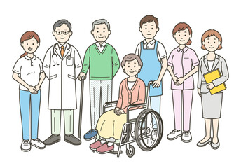 高齢者夫婦と医師と看護師と介護士とケアマネージャーが集合した全身イラスト