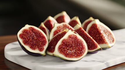 Freshly cut figs displayed on a marble surface.