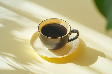 Sunny coffee cup on pale surface with plant shadows