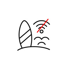 Surfboard, sea waves and no wifi symbol. Tech-free zone, digital detox, remote surf spot. Beach vacation. Pixel perfect vector icon