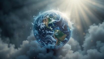Celestial Earth rising through a sea of clouds bathed in divine radiant light