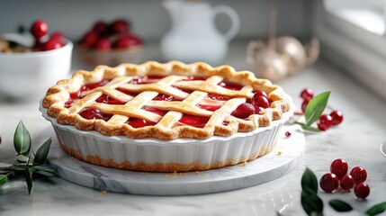 A warm pie with a golden lattice top, its fruit filling peeking through, resting on a wooden board. Soft sunlight creates gentle shadows across the surface.