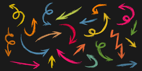 hand drawn Arrows icons Set. arrow icon with various directions. Doodle design element. isolated on a black background