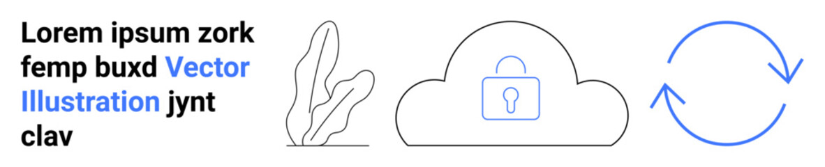 Cloud with secure lock, arrows showing refresh cycle, and minimalist plant line art. Ideal for technology, security, synchronization, cloud backup, sustainability, privacy simple landing page