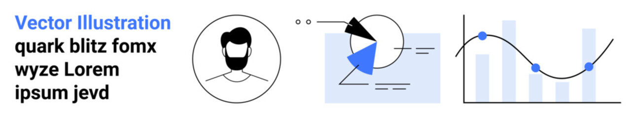 User profile icon, pie chart with arrows, line graph over bar chart. Ideal for technology, analytics, business, marketing, data management, information design simple landing page © robu_s