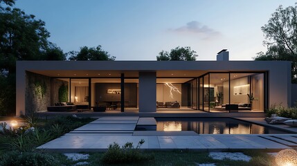 Fototapeta premium Modern Home with Pool Reflecting Sky at Dusk Calm Residential Scene