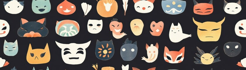 Dark Aesthetic Watercolor Seamless Pattern with Creative Masks and Faces
