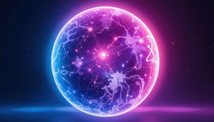 Futuristic network connectivity sphere glowing in cosmic neon space landscape