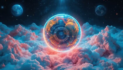 Digital earth amidst cotton candy clouds with celestial glow and distant orbs