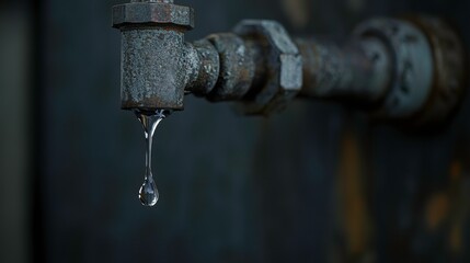 Rusty Tap Dripping Water Drop on Dark Background Close Up