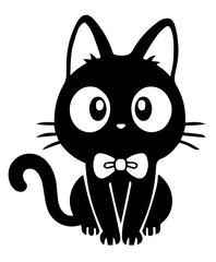 Black Cat with Large Round Eyes, Ears, and a Small Bow Tie, Sitting with Tail Curled to the Side, Pet Companionship and Cat Care