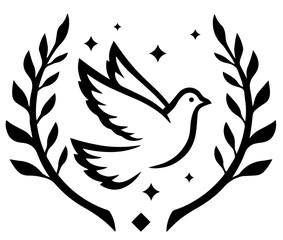 Silhouette of Dove with Wings Spread, Olive Branches and Small Stars, Peace, Hope, Freedom and Harmony, Global Unity.