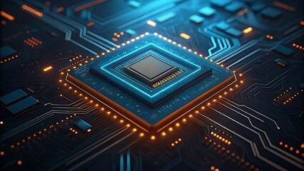 Futuristic Microchip embedded,High-Tech circuit board, Advanced computing, AI technology, semiconductor innovation. highlights driving digital transformation, automation,next-generation computing 