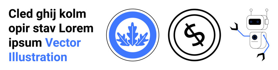 Robotic character waving, dollar sign in circular icon, leaf emblem in blue, stylized text. Ideal for finance, nature, technology, branding, automation symbols abstract line flat metaphor