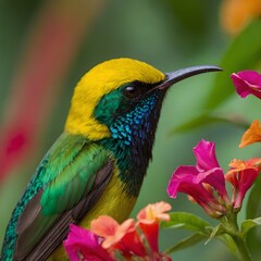 Fototapeta premium Male Sun bird Sipping Nectar from a Bloom, Surrounded by Lush Tropical Foliage
