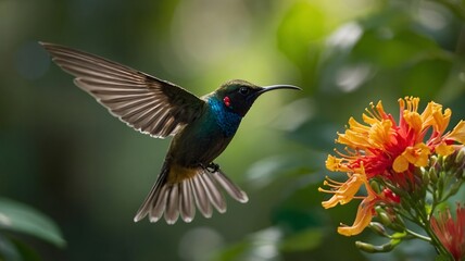 Fototapeta premium Sun bird Hovering in Mid-Flight, Gathering Nectar from Flowers in the Jungle Canopy