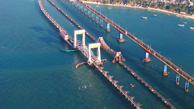 aerial view of the Pamban Bridge over the blue ocean in tamilnadu