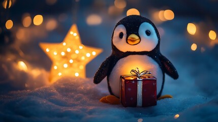 Stuffed penguin holding tiny wrapped gift sitting under glowing star