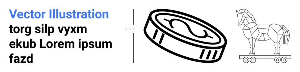 Coin with dollar symbol and polygonal Trojan horse on wheels. Ideal for finance, security, encryption, investment, fraud, digital currency, simple landing page