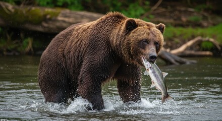 Obraz premium Grizzly bear catching salmon in river with lush green forest backdrop