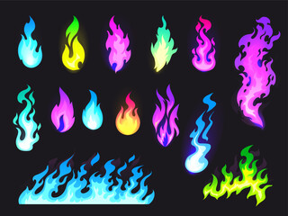 Burning multicolored fire, tongues of flame, flame borders isolated on black background. Vector set of cartoon magic flames of pink, blue, green, purple colors