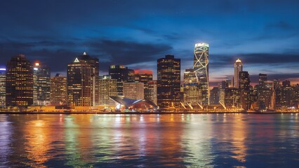 Obraz premium Stunning city skyline illuminated at night, reflecting on the calm waters