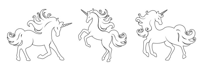 Unicorn Coloring Book Page For Kids set, line art cartoon illustration. Fantasy theme magical mystic horse outline doodle design, digital stamp. Product design t shirt print.