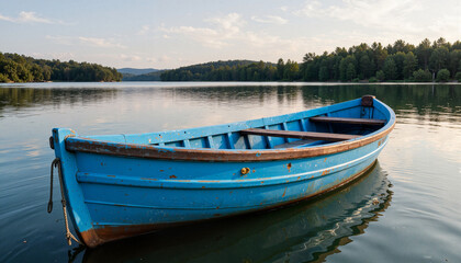 Obraz premium Blue wooden boat floating on calm lake