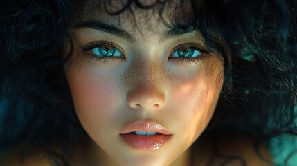 Fototapeta premium Close-up Portrait of a Young Woman with Freckles and Lush Dark Hair