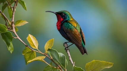 Obraz premium Sun bird Perched on a Twig, Displaying Emerald, Gold, and Crimson Feathers