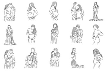 line art illustrations depicting pregnant couples in various poses.