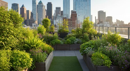 Fototapeta premium Rooftop Garden Oasis with Lush Greenery Overlooking Urban Skyline at Sunset