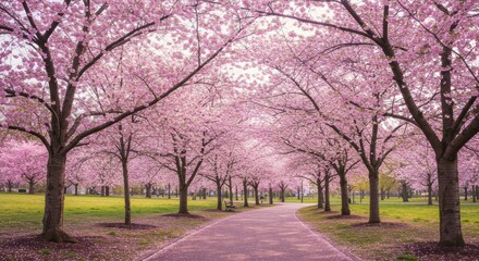 Naklejka premium Beautiful cherry blossom pathway in a park during springtime, serene ambiance