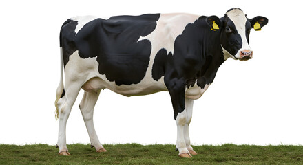 "A full-body image of a Holstein cow standing on a white background. The cow has a black and white spotted coat, with a distinctive pattern on its body. Its ears have yellow identification tags, and i