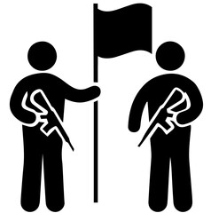 Two Stylized Silhouettes of People Holding Rifles, One with Flag, Representing Conflict, War, Peace Talks, and International Negotiations for Resolving Tensions Between Nations 