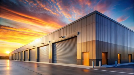 Fototapeta premium Modern Industrial Building at Sunset with Multiple Roll-Up Doors and Warm Lighting