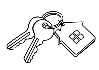 Set of Two Keys Attached to Keyring with House-Shaped Keychain with Four Square Window Patterns, Homeownership, Key to New House, and Real Estate Transaction 