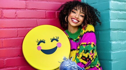 Joyful woman posing with bright smiley face on colorful background