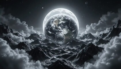 Monochromatic Dreamscape: Radiant Earth Merged with Lunar Sphere Above Mountainous Terrain