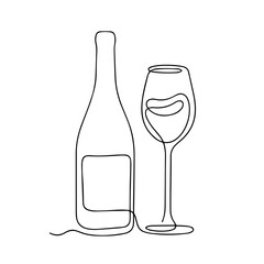 Continuous Line Drawing of a Wine Bottle and Glass, Connected Smoothly, Wine Tasting, Vineyard,  Wine Sampling and Appreciation