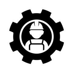 Person in Helmet and Work Gear Inside a Gear Symbol, Engineering, Construction, and Technical Professions, Featuring a Mechanical or Industrial Work, Workers and Projects