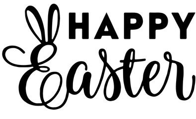 Text 'HAPPY Easter' with cursive 'E' decorated with bunny ears,  Easter greetings and DIY decorative elements for greeting cards