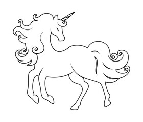 Unicorn Outline Line Art. Fantasy theme magical mystic horse coloring book page, digital stamp. Product design t shirt print.