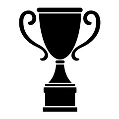 Black silhouette of a trophy with two handles on the sides, standing on a pedestal,  victory and achievement in sports competitions and awards