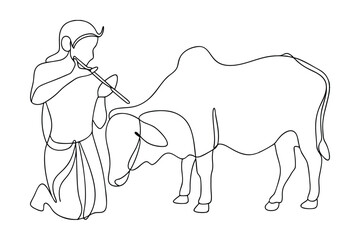 Kneeling Farmer Plays Flute for Sacred Cow, Online Art