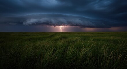 Dramatic lightning strikes over a vast green field under stormy skies