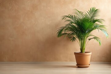 Fototapeta premium A vibrant potted palm plant adds a touch of nature to a minimalist interior design, standing elegantly against a neutral, textured wall, creating a serene and calming atmosphere in a simple room.