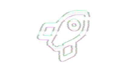 Icon rocket is distorted. Glitch. Noise, chromatic aberration, geometric distortion
