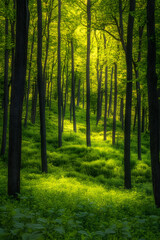 Obraz premium Lush Green Hills with Majestic Trees and Dappled Sunlight Creating a Tranquil and Vibrant Atmosphere in Nature